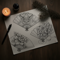 Black and grey Japanese fan sketch flat lay – Red Pine Ink consultation