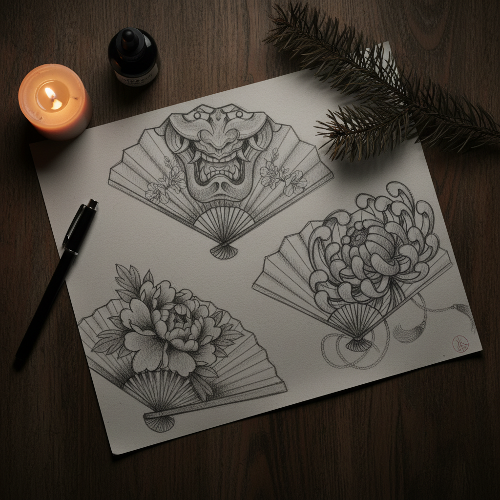 Black and grey Japanese fan sketch flat lay – Red Pine Ink consultation